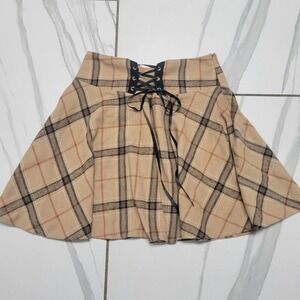 Tan plaid mini skirt with lace up detail Academia Goth M